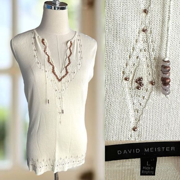 DAVID MEISTER Beaded Embellished Knit Top V-Neck Tank Blouse Size L - Picture 1 of 16